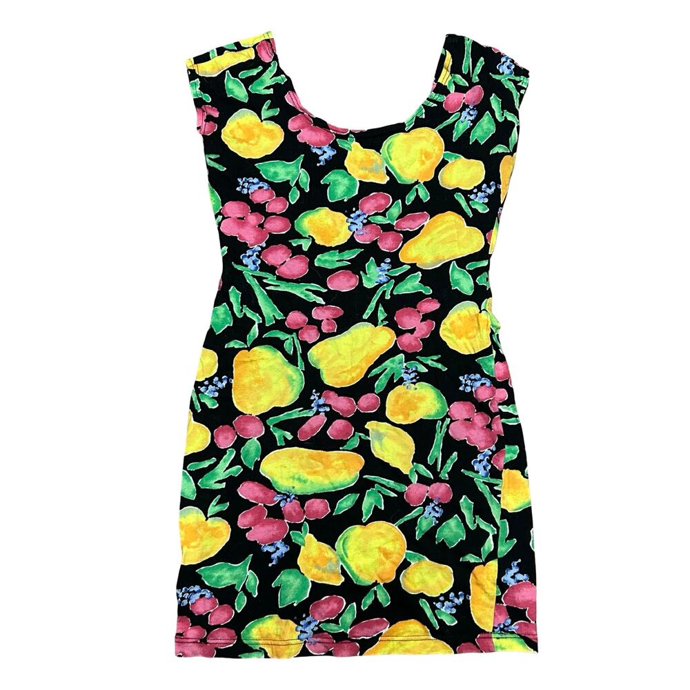 Vintage 90s Esprit Scoop Neck Mini Dress Fruit Pattern Womens Medium Bodycon
